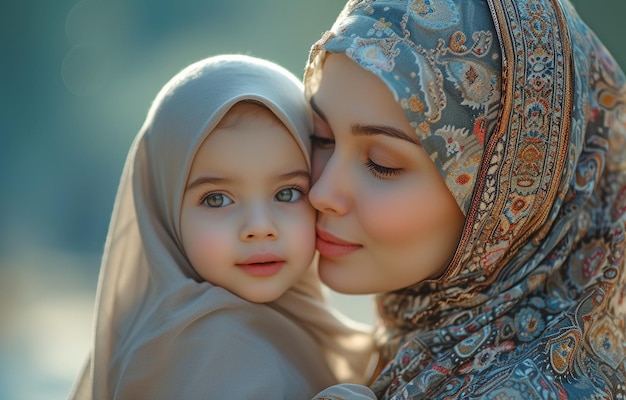 Arabic mother of a happy wonderful family and a young Muslim girl wearing a headscarf are both grinning and enjoying a kiss in a summer park