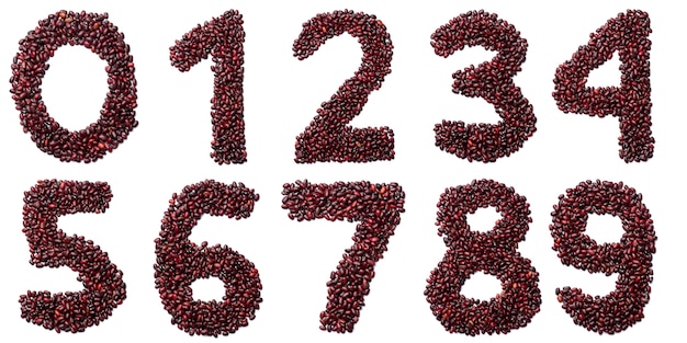 Arabic numerals from  brown beans on a white isolated background. Brown  haricot beans pattern. healthy food concept.