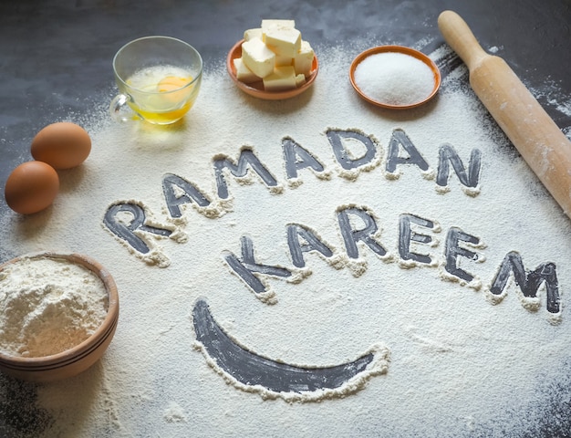 Arabic pastry background with the inscription Ramadan Kareem.