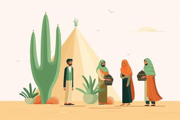 Photo arabic people with cactus and pyramid