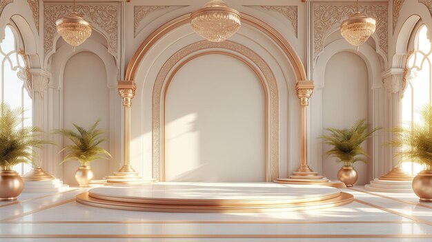 Arabic podium stage with golden dome and arches