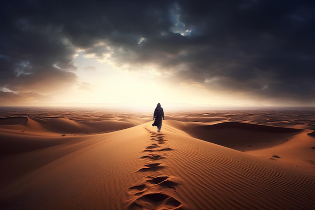 Ночной снимок Арабской Сахары, на котором араб идет, оставляя за собой следы