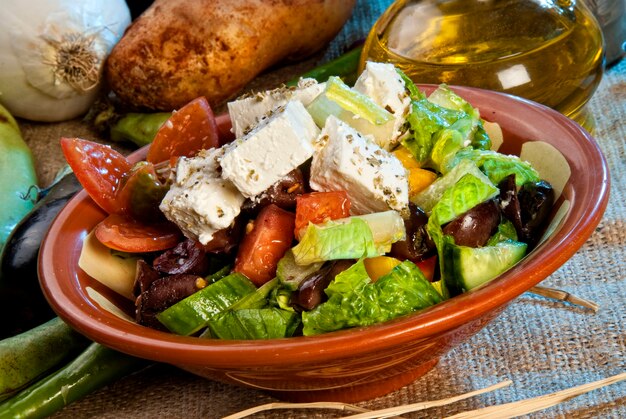 Arabic salad topped with cheese