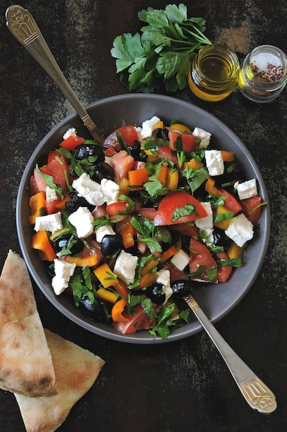 Arabic salad with vegetables, olives and feta.