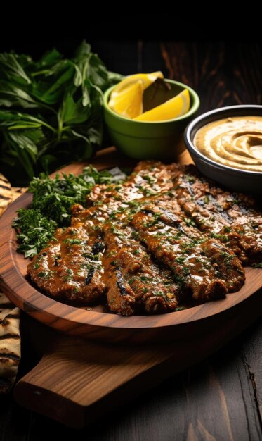 Photo arabic shaurma with sauce on a wooden board