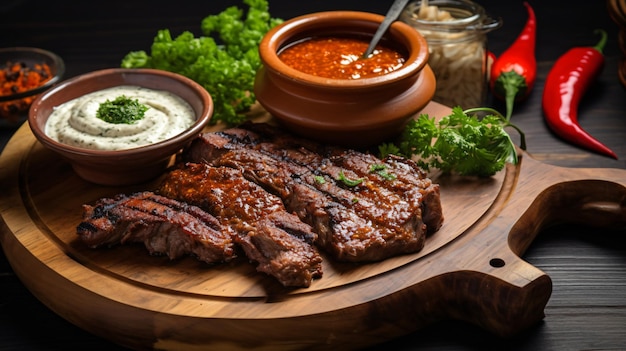 Arabic shawarma with sauce on a wooden board