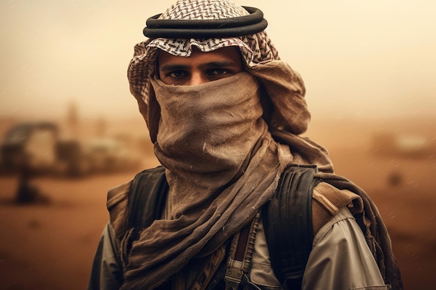 An Arabic soldier exuded a sense of pride and determination Clad in traditional attire his face displayed the rich history and unyielding spirit of his people Generative AI