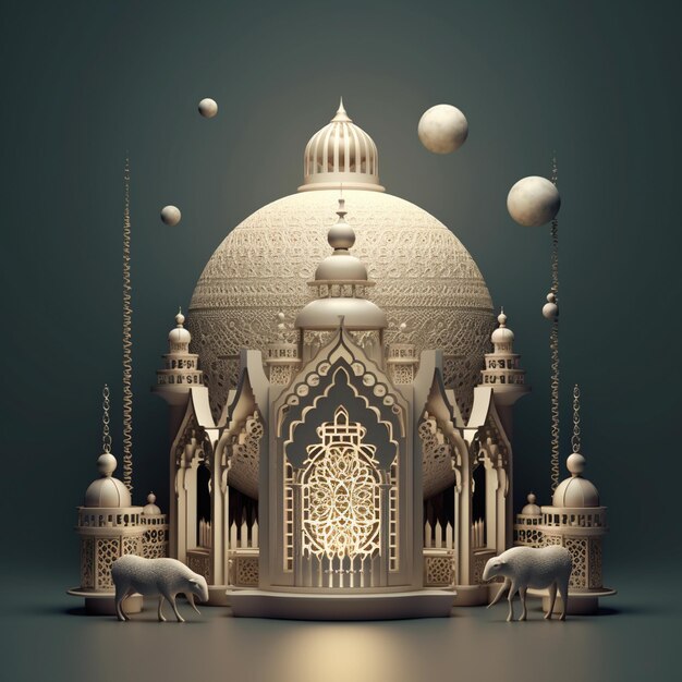 Arabic style lantern and mosque glowing in the dark generated by ai