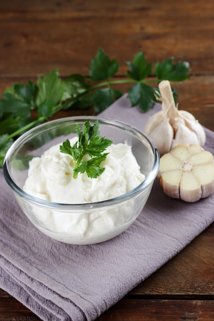 Arabic thoum or garlic sauce in a bowl