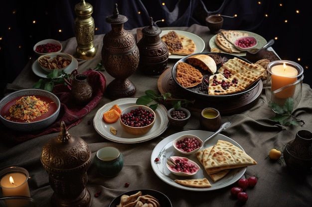 暗い背景にアラビア語の伝統的なお祝いの食べ物アラブの宗教的な休日ラマダン イスラム教アラブ文化宗教ホスピタリティ生成 ai