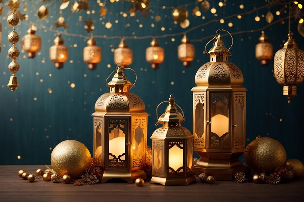 Arabic traditional Ramadan Kareem eastern lanterns garland Muslim ornamental hanging golden lanterns stars and moon vector illustration Islamic oriental garland Muslim holiday lantern traditional