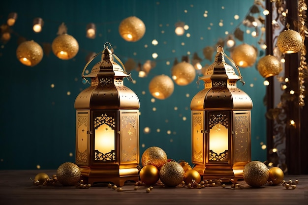 Arabic traditional Ramadan Kareem eastern lanterns garland Muslim ornamental hanging golden lanterns stars and moon vector illustration Islamic oriental garland Muslim holiday lantern traditional