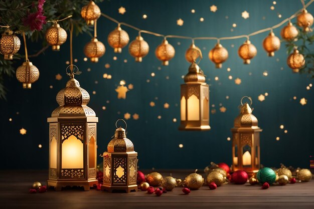 Arabic traditional Ramadan Kareem eastern lanterns garland Muslim ornamental hanging golden lanterns stars and moon vector illustration Islamic oriental garland Muslim holiday lantern traditional