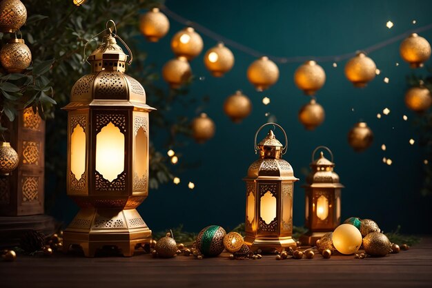 Arabic traditional Ramadan Kareem eastern lanterns garland Muslim ornamental hanging golden lanterns stars and moon vector illustration Islamic oriental garland Muslim holiday lantern traditional