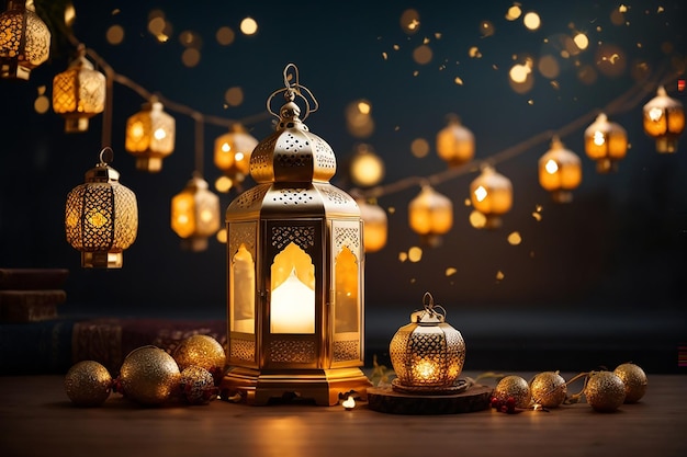 Arabic traditional Ramadan Kareem eastern lanterns garland Muslim ornamental hanging golden lanterns stars and moon vector illustration Islamic oriental garland Muslim holiday lantern traditional