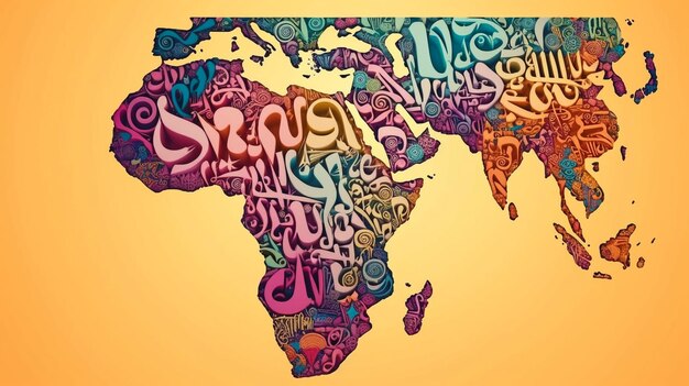 Foto tipografia araba mappa del mondo colorata il design