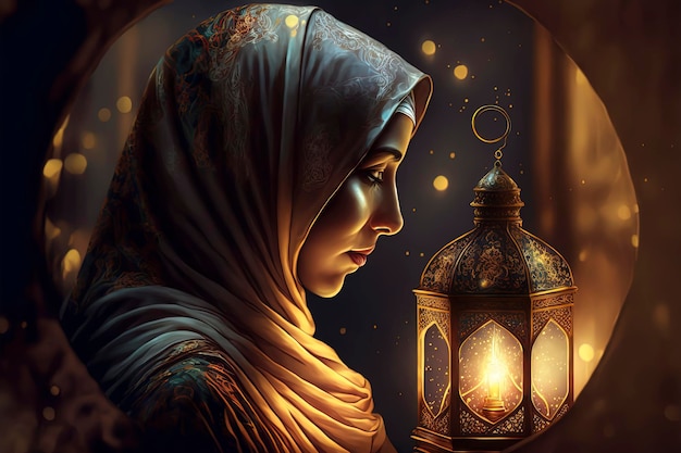 Arabic Woman with Arabic lantern with burning candle Ramadan Generative AI