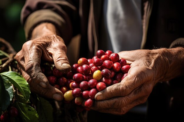 Photo arabica coffee berries by farmer's hand robusta and arabica coffee berries by farmer's hand gia lai vietnam