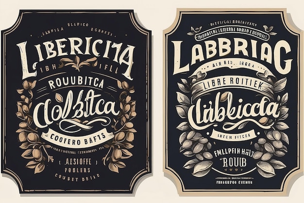 Photo arabica robusta liberica coffee beans packaging label design template hand written lettering