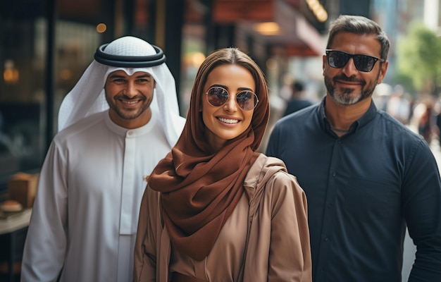 Arabieren in Kandura wandelen in een zakengebied met schotel dashas Arabische zakenlieden wandelen door de straten van het centrum Midden-Oosterse vrouw met een Arabische glimlach wandelt en converseert