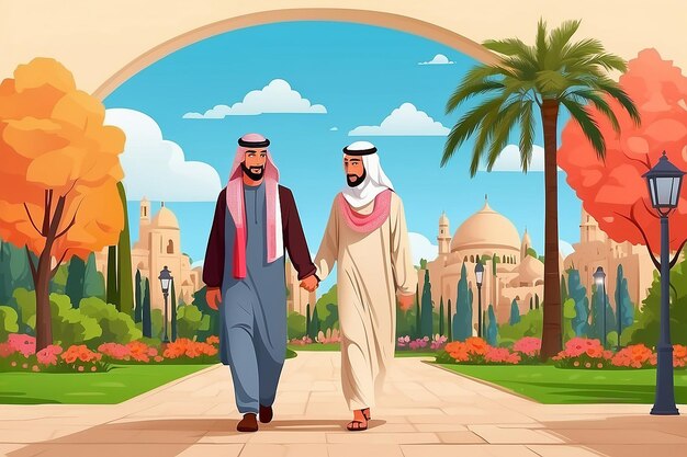 Arabisch echtpaar op een wandeling 2d web banner poster man en vrouw in het park handen vasthouden moslim familie platte personages op cartoon achtergrond romantische vakantie drukbare patch kleurrijke web element