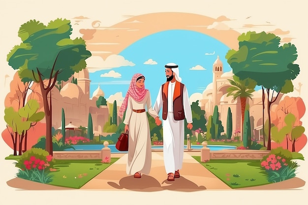 Arabisch echtpaar op een wandeling 2d web banner poster man en vrouw in het park handen vasthouden moslim familie platte personages op cartoon achtergrond romantische vakantie drukbare patch kleurrijke web element