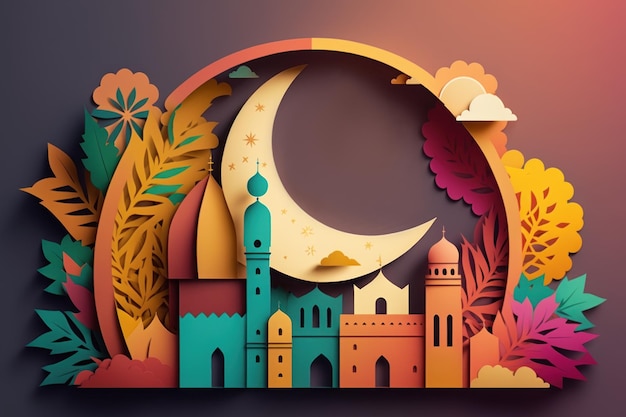 Arabische architectuur moskee patroon en achtergrond Ramadan Kareem Eid Mubarak Islamitische vakantie illustraties papier ambachtelijke stijl