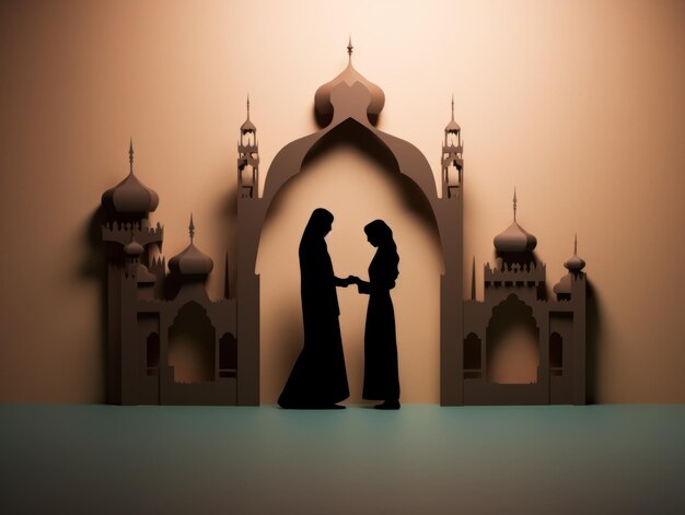 Arabische familie cultuur Erfenis van Liefde Traditionele Arabische familie Silhouetten op een perzik achtergrond Kopieer ruimte