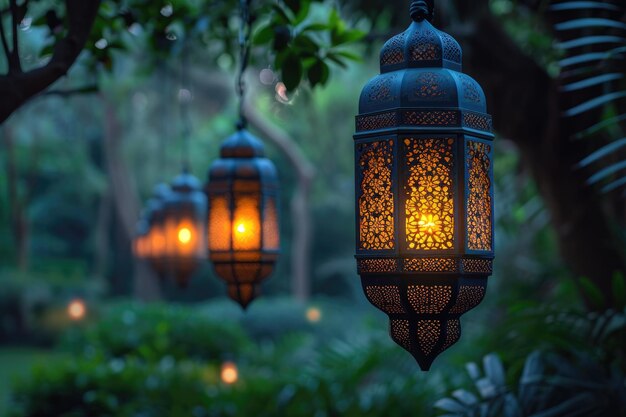 Arabische hangende lantaarns in de donkere nacht, dik met professionele fotografie in islamitische sfeer