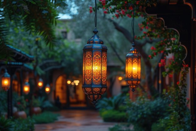 Arabische hangende lantaarns in de donkere nacht, dik met professionele fotografie in islamitische sfeer