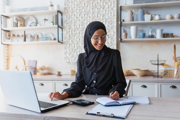 Arabische jonge vrouw in hijab en boerka werkt online als accountant-auditor vanuit huis op afstand werkt aan een