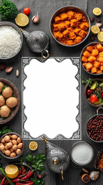 Arabische keuken verrukking witte frame met arabische tekst perfecte ramadan achtergrond verticale mobiele muur