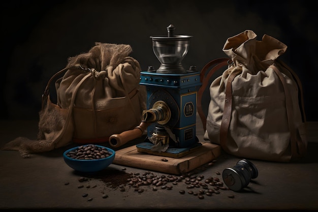 Arabische koffiebonen in zak en molen met gemalen koffie drinken fotografie