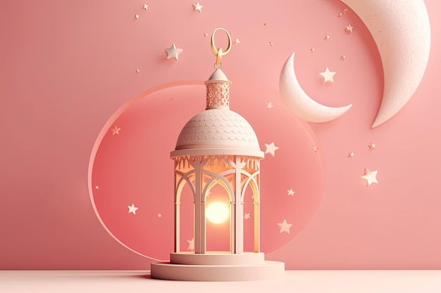 Arabische lantaarn en sterren op roze pastel achtergrond AI generatief