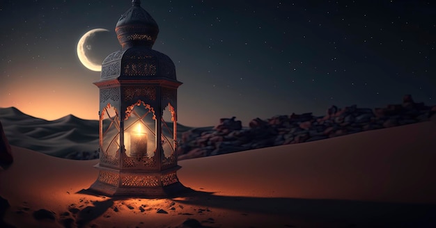 Arabische lantaarn met brandende kaars en nachtelijke hemel met afnemende maansikkel op de achtergrond RAMADAN Generative AI