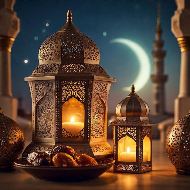 Arabische lantaarns en dadels met bookeh moskee achtergrond creatief ai