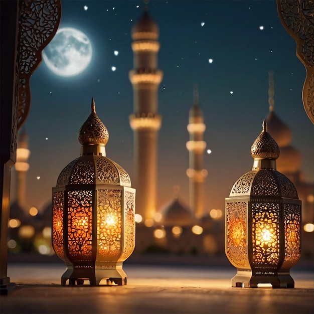 Arabische lantaarns en dadels met bookeh moskee achtergrond creatief ai