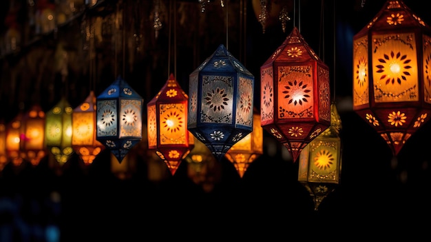 Arabische lantaarns op de avondmarkt Ramadan Kareem-achtergrond Generatieve AI