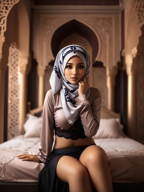 Arabische lingerie advertentie foto met vrouwelijk model poseren met hijab voor een Arabisch tijdschrift