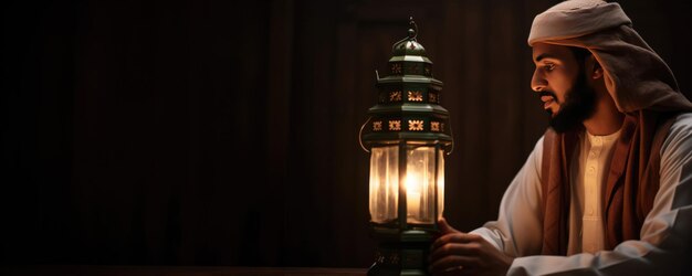 Arabische man die mediteert voor een lantaarn