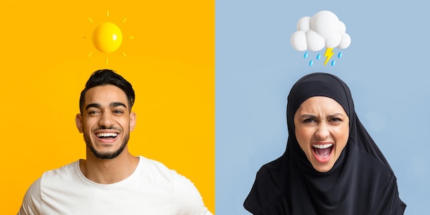 Arabische man en moslimvrouw die verschillende emoties uitdrukken over kleurrijke achtergronden