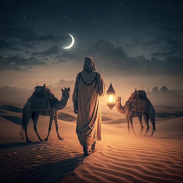 Arabische man in donkere woestijn met zijn kamelen die lantaarn vasthouden