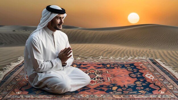 Arabische man met kandora die op een gebedsmat zit