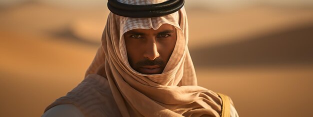 Arabische man met traditionele kleren die in de woestijn loopt