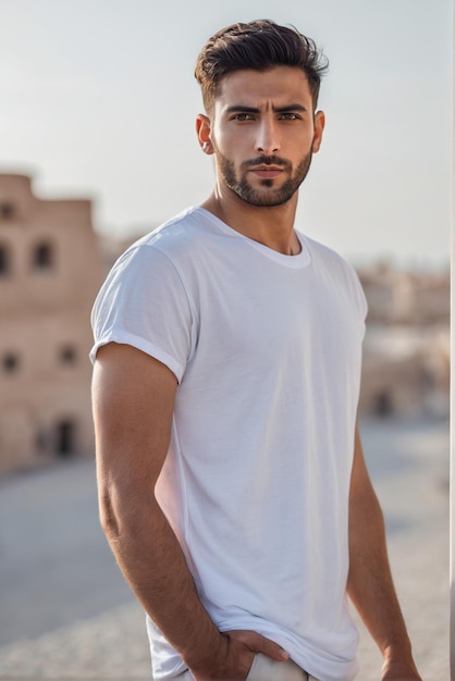 Arabische man model met wit T-shirt overgroot T-shirt mockup wit T- shirt model voor uw ontwerp