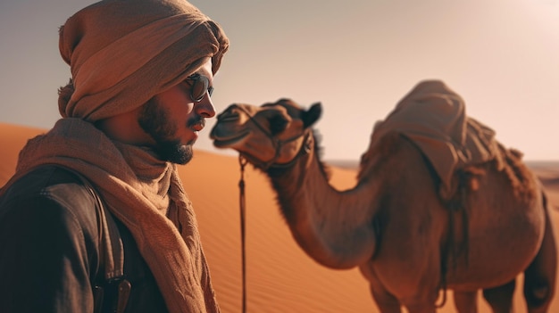 Foto arabische man rijdt op een kameel in de duinen in de sahara marokko generatieve ai