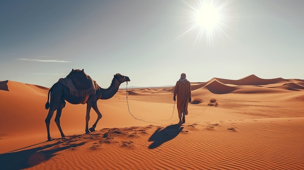 Arabische man rijdt op een kameel in de duinen in de Sahara Marokko Generatieve AI