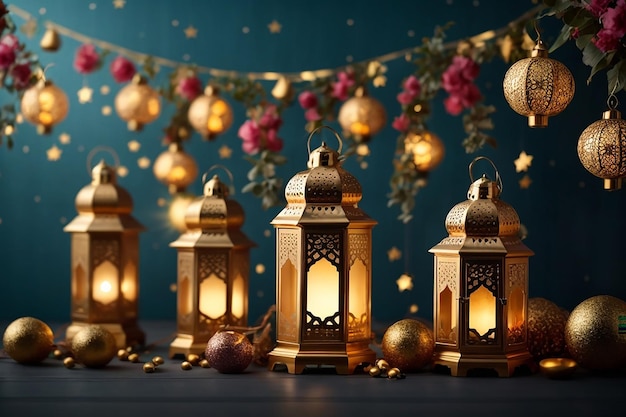 Arabische traditionele Ramadan Kareem oostelijke lantaarns krans moslim ornamentele hangende gouden lantaarns sterren en maan vector illustratie islamitische oosterse krans moslim feest lantaarn traditionele