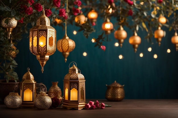 Arabische traditionele Ramadan Kareem oostelijke lantaarns krans moslim ornamentele hangende gouden lantaarns sterren en maan vector illustratie islamitische oosterse krans moslim feest lantaarn traditionele