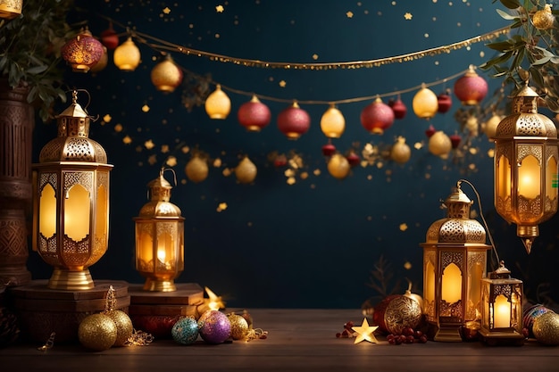 Arabische traditionele Ramadan Kareem oostelijke lantaarns krans moslim ornamentele hangende gouden lantaarns sterren en maan vector illustratie islamitische oosterse krans moslim feest lantaarn traditionele